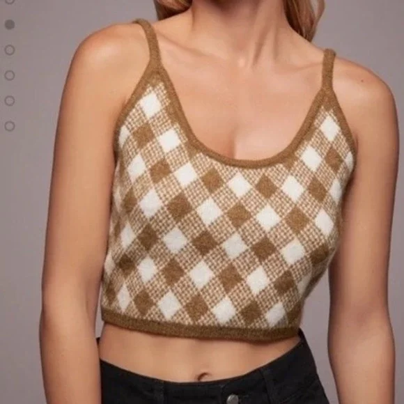 Zara Knit Argyle Crop Top Sweater Tank L Festival Cozy Holiday Cabincore Baddie - Picture 3 of 7